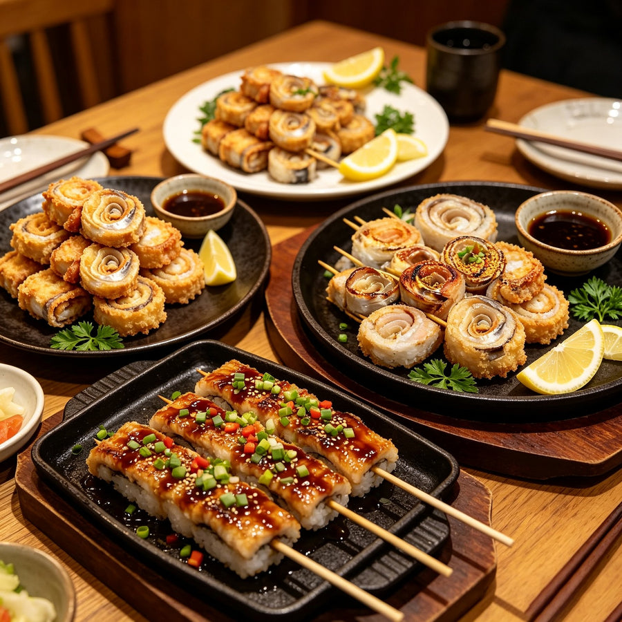Pre-rolled eel portions, spiral cut and uniform in size