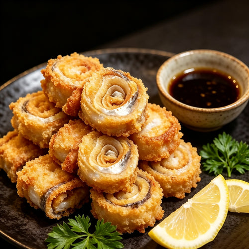 Pre-rolled eel portions, spiral cut and uniform in size