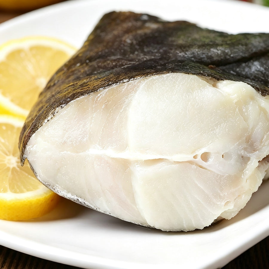 Flash-chilled halibut head with thick white flesh