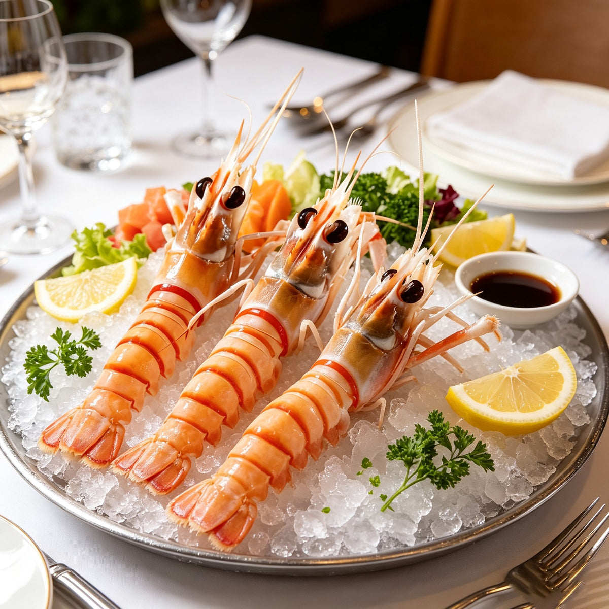 Frozen scampi with bright orange-red segmented shells
