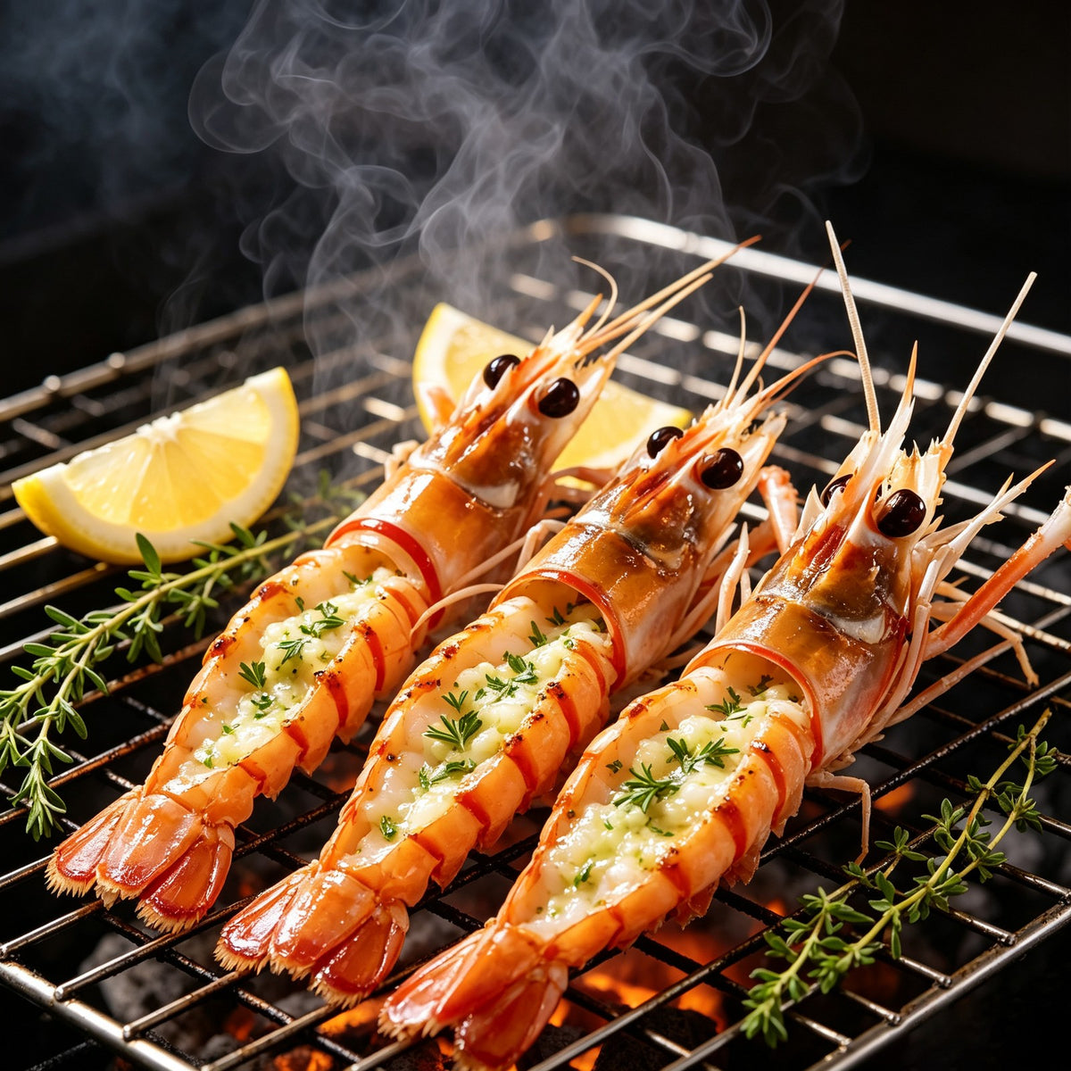 Frozen scampi with bright orange-red segmented shells