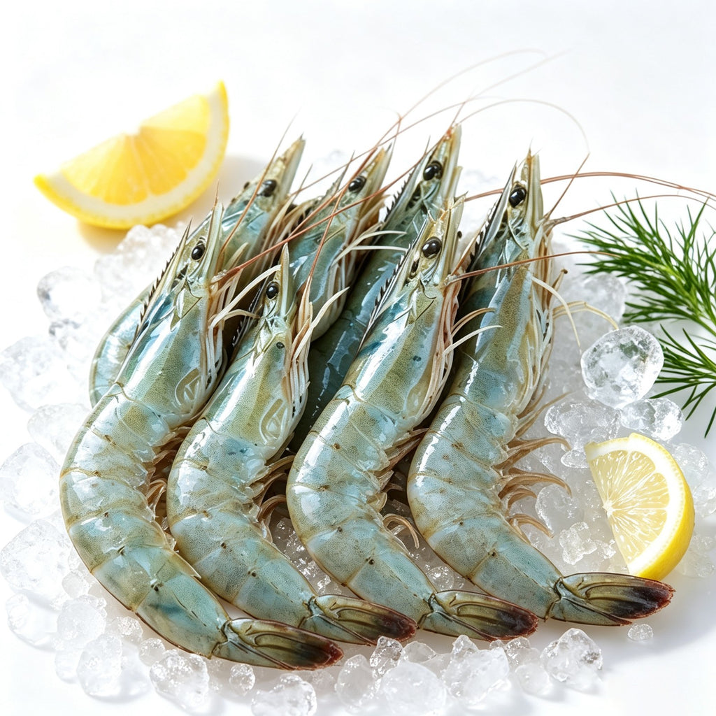 Frozen whole prawns with shell, head and tail intact